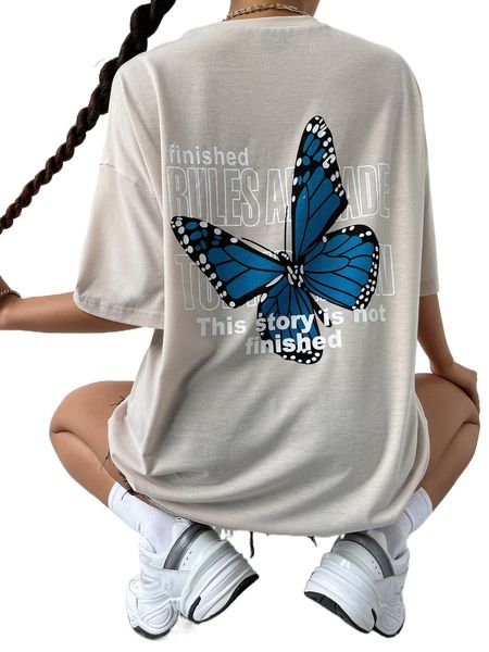 

drop shoulder slogan & butterfly print tee 54kc#, White