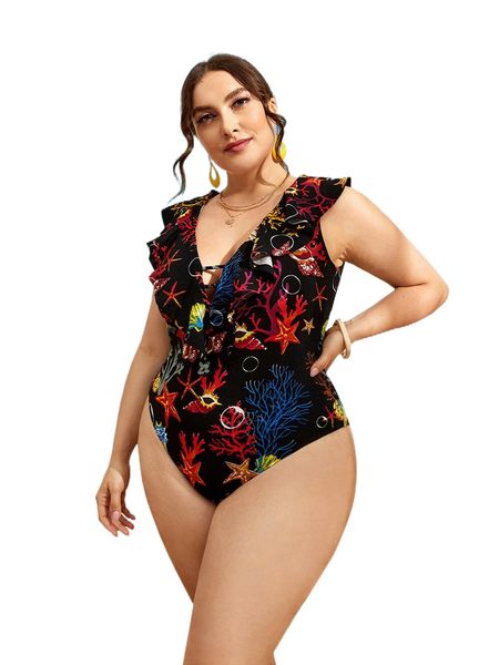 

plus coral & starfish print ruffle trim bodysuit v6gw#, Black