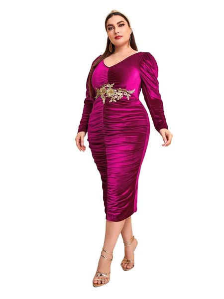 

plus appliques ruched puff sleeve velvet bodycon dress 88i2#, Black