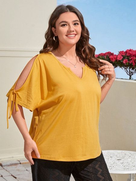 

plus notched neckline split sleeve knot cuff tee z1ke#, Black