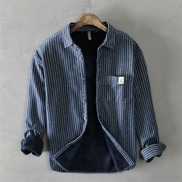 

men winter fashion fleece lined warm thick classical striped shirts male long sleeve lapel brushed casual retro clothing 220322, White;black