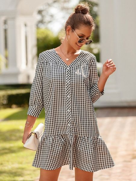 

gingham bishop sleeve button front ruffle hem smock dress c21a#, Black;gray