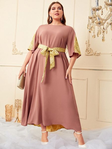 

plus jacquard panel colorblock belted dress v9ev#, Black