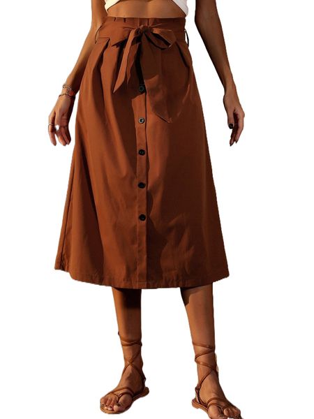 

high waist fake button plicated detail belted skirt 93tl#, Black