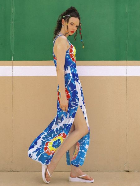 

tie dye slit thigh cover up dress without bikini set e6ux#, White;black