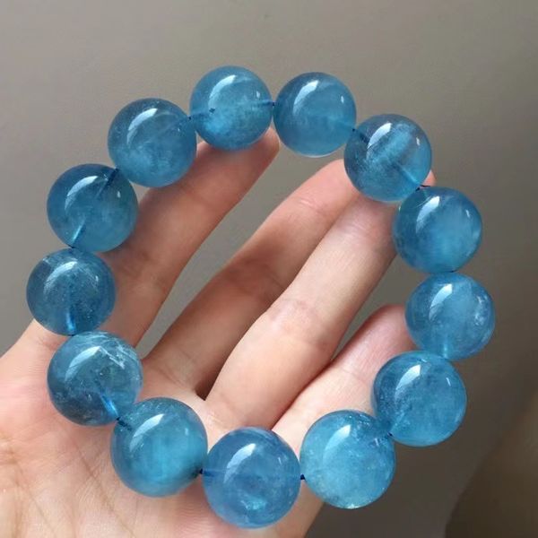 

natural blue aquamarine clear big round beads bracelet 17.5mm women men brazil stretch aquamarine fashion jewelry aaaaa, Silver