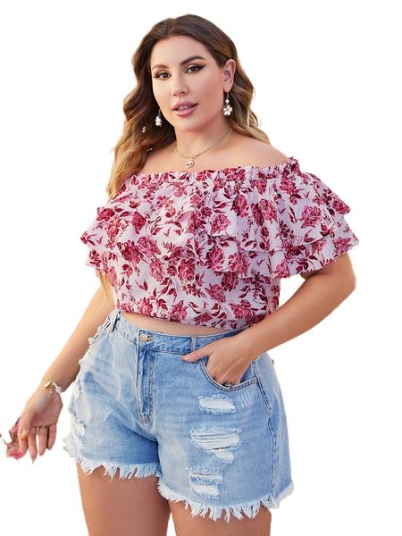 

plus allover floral print off shoulder ruffle trim crop blouse k0zn#, Black