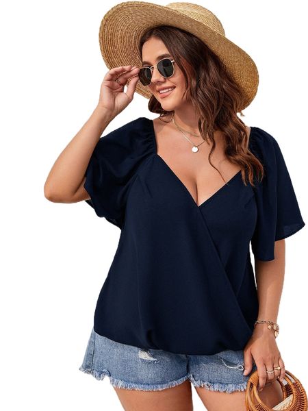 

plus sweetheart neck butterfly sleeve blouse t6h8#, Black