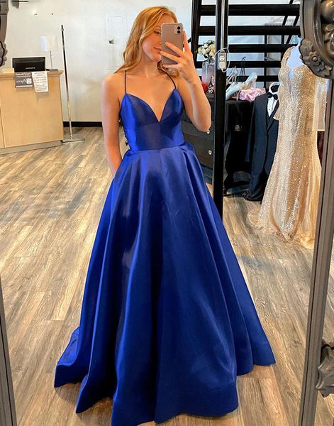 

royal blue satin a-line long prom party dresses spaghetti straps robe de soirÃ©e evening gowns with pockets lace up, Black
