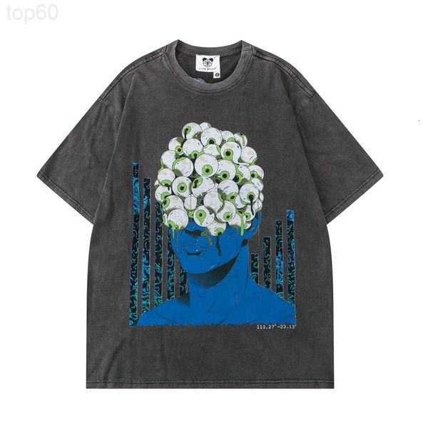 

men's t-shirts designer american fashion brand high street casual t-shirt 220g cotton washing water abstract eyeball vintage printing s, White;black