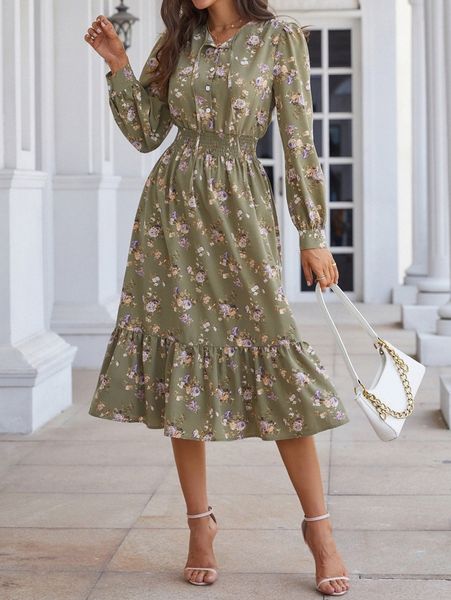 

floral print tie neck ruffle hem shirred dress s9mf#, Black;gray