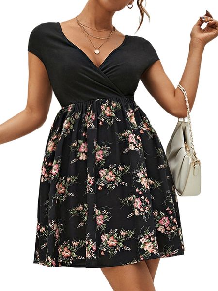 

surplice neck floral print dress d6xy#, Black;gray