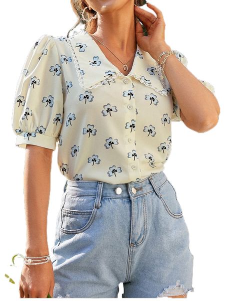 

simplee clover print lace trim puff sleeve p7ih#, White