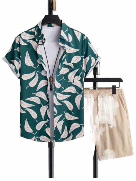 

men random leaf print shirt & drawstring waist shorts 26k3#, Gray