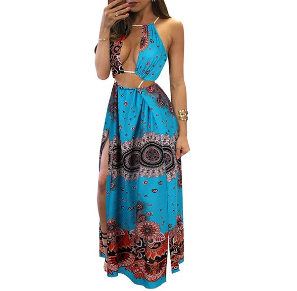 

women hollow out maxi dress summer printed split hem party beach dress ladies boho dress, Black;gray
