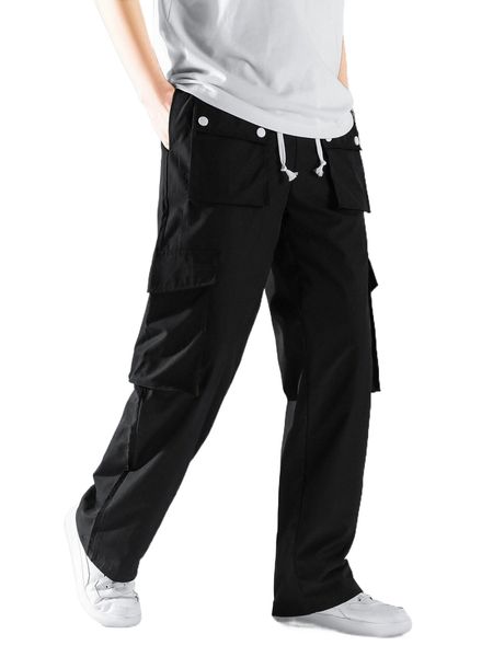 

men drawstring waist flap pocket cargo pants x8z3#, Black