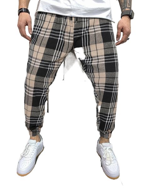 

men plaid print drawstring waist pants y2ti#, Black