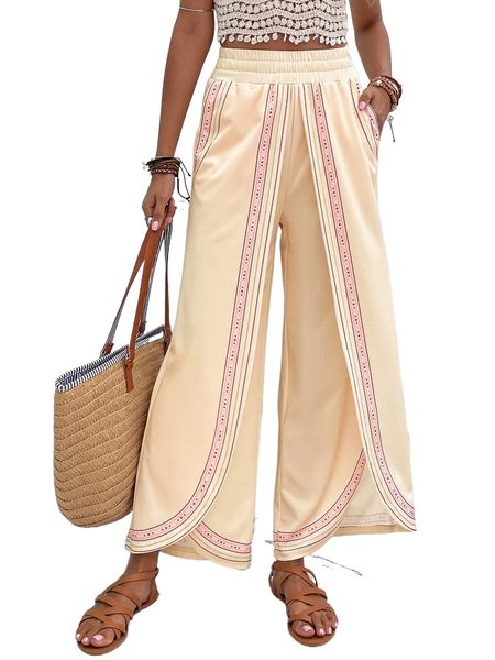 

striped print tulip hem wide leg pants 95xj#, Black;white