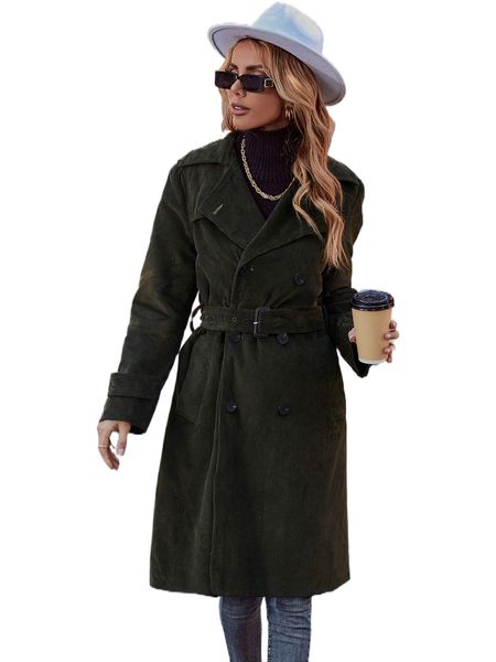 

double breasted slant pockets belted corduroy coat s622#, Tan;black
