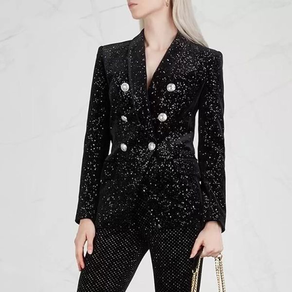 M806 feminino feminino designer blazers qualidade elegante 2022 blazer blazer para mulheres prateado bling buttons de leão de lenço de veludo casaco de veludo