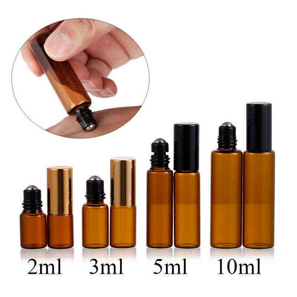 

10pc 3ml 5ml 10ml amber roll glass on roller bottle with stainless steel refillable essential oils bottles containers y220428