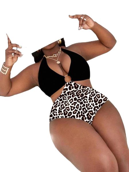

plus leopard ring linked one piece swimsuit 672j#, White;black