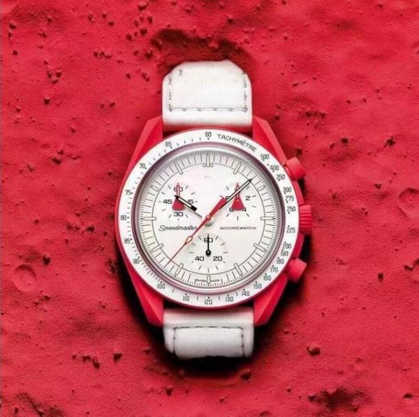 

bioceramic moonswatch swiss quqrtz chronograph mens watch so33a100 mission to the moon 42mm real black ceramic metallic grey nylon with box, Slivery;brown