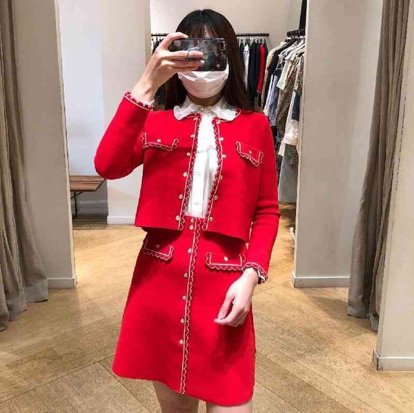 

two piece dress fadan s family early spring small fragrance fashion women's dress red sweater half skirt two-piece set, White