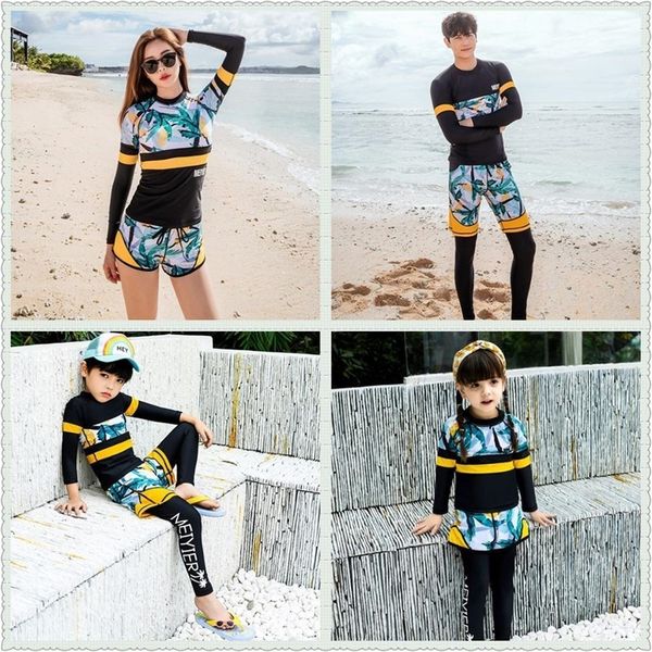 

2020 korean fashion mother father and daughter swimsuit family match kid men women uv rash guard swimwear surf bathing suit t200708, White;black