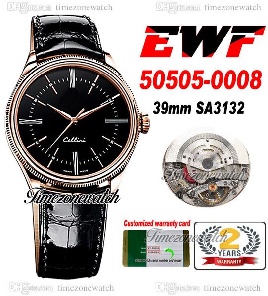 

ewf cellini time 50505 sa3132 automatic mens watch 39mm rose gold black dial stick markers leather strap super edition same series warranty, Slivery;brown