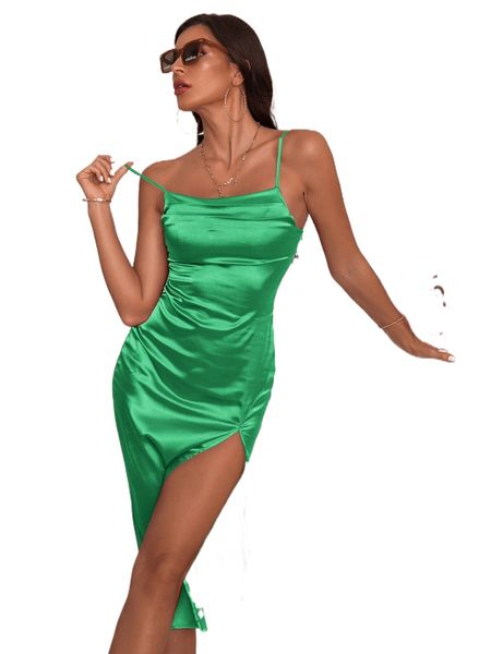 

plus split thigh ruched satin cami dress k1pl#, Black;gray