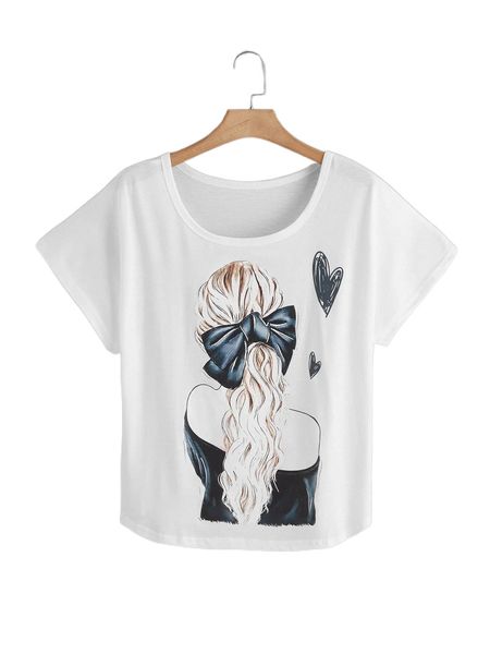 

plus figure & heart print batwing sleeve tee u9co#, Black