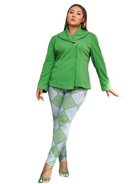 

x shay plus single button blazer & argyle print leggings set d4y6#, Black