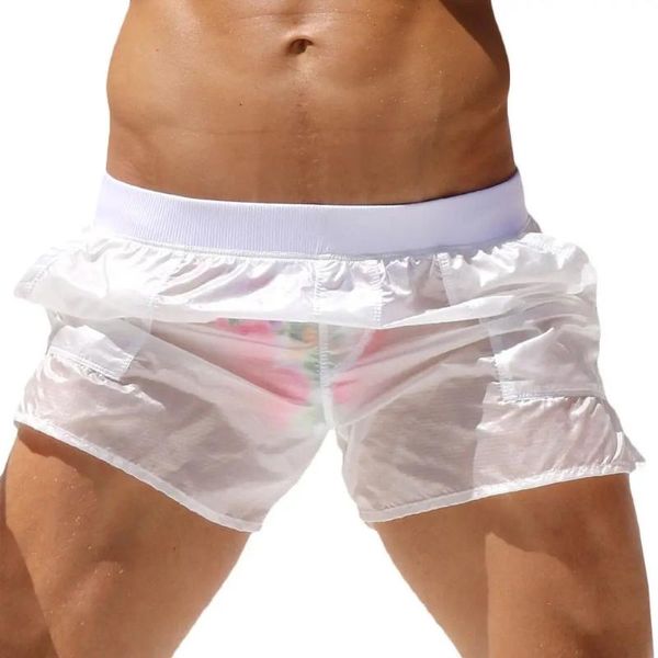 Pantaloncini da uomo Estate Uomo traslucido Nuoto sexy Vedere attraverso Beach Board Tasca uomo Sottile Casual Bianco Home Lounge BoxerUomo