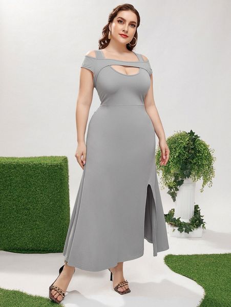 

plus cold shoulder cut out split thigh dress i6yp#, Black