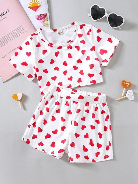 

toddler girls heart print tee & shorts she02, White