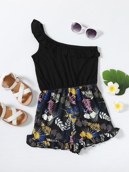 

toddler girls one shoulder plants print ruffle hem romper she, Blue
