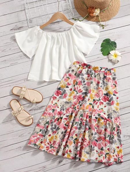 

girls butterfly sleeve & floral print ruffle hem skirt she, White