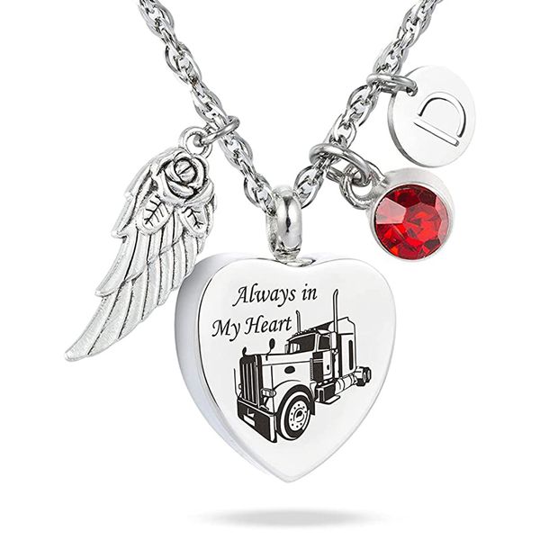 

stainless steel heart with angel wings and birthstone pendant necklace cremation urn jewelry keepsake for human pet ashes, Silver