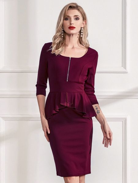 

miusol half zip ruffle waist fitted dress 25bh#, Black;gray