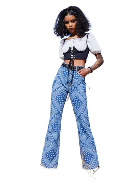 

romwe heart & paisley flare leg jeans k2k9#, Blue