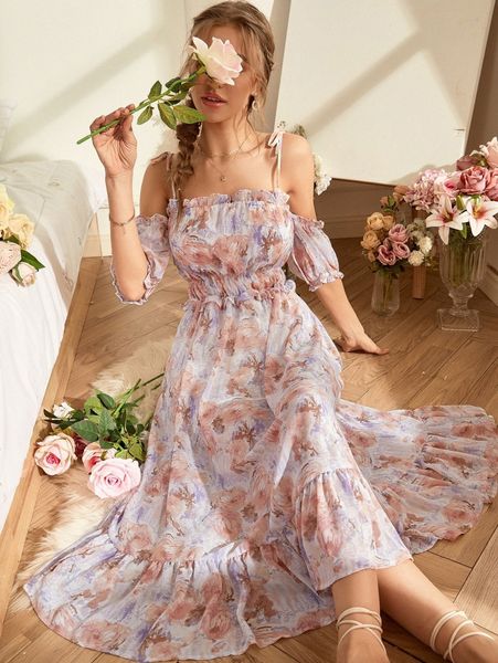 

random floral print cold shoulder ruffle hem chiffon dress p7ft#, Black;gray