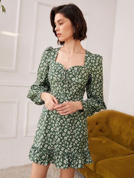 

sweetheart ditsy floral ruffle hem knot front dress 13xc#, Black;gray