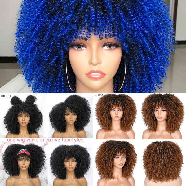 

short afro kinky curly wig with bangs for black women cosplay lolita natural hair ombre mixed brown synthetic african wigs 220622