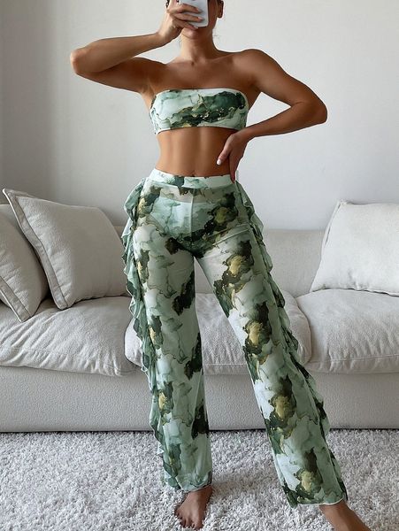 

3pack marble print bandeau bikini swimsuit & cover up pants n835#, White;black