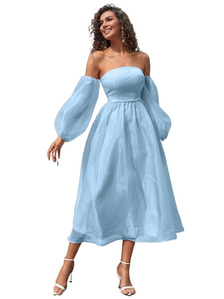 

missord off shoulder lantern sleeve backless mesh dress y9c8#, Black;gray