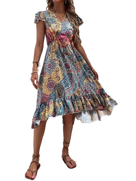 

allover print ruffle hem a-line dress v61p#, Black;gray