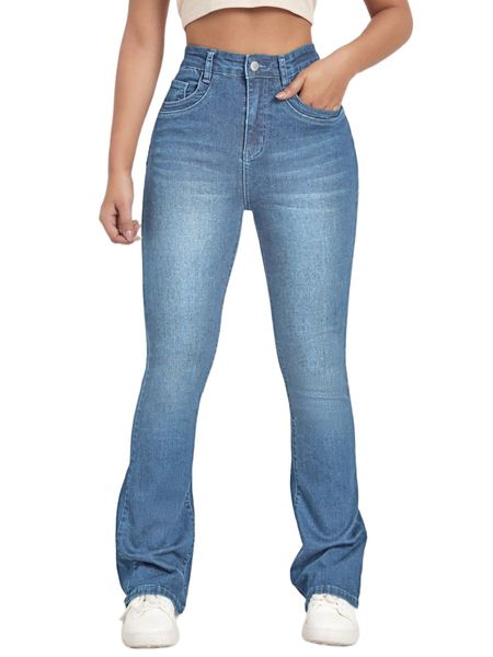 

high waist bleach wash bootcut jeans l8il#, Blue