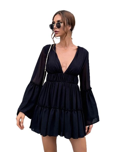 

missord plunging neck frill ruffle hem chiffon dress x69y#, Black;gray