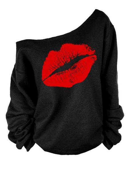 Damen Hoodies Sweatshirts One Schulter Winter Frauen bedruckte große Lippen Mode dicke Hoodie Pullover Sweatshirt Paar lose Kleidung